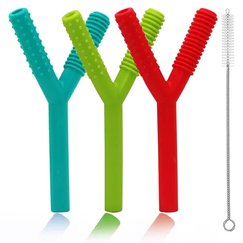 Tubos mordedores para bebés de 3 a 6 meses, paquete de 3 tubos de silicona huecos para masticar para niños autistas, paja masticable en forma de Y,