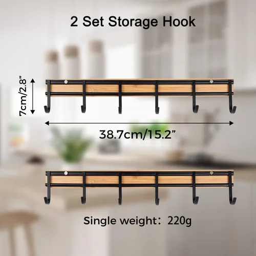 Miniatura 7 de Colgador de utensilios de cocina, organizador de estante con 6 ganchos, juego de 2 colgadores de pared para utensilios, gancho de pared resistente