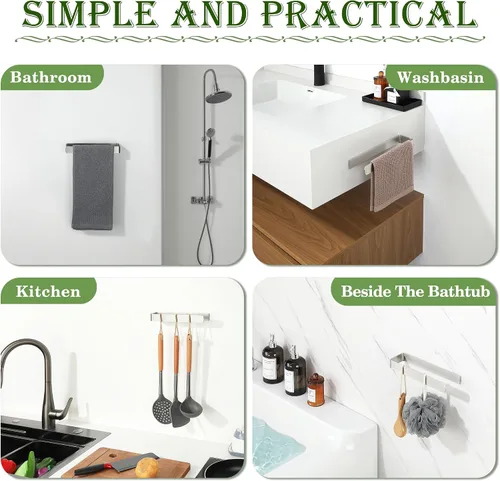 Miniatura 8 de Alise Toallero de mano autoadhesivo para toallas de baño, toallero de acero inoxidable SUS304, toallero para armario de cocina, lavabo lateral