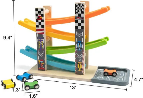 Miniatura 8 de Wood City Set de Juguetes de Rampa y Carrera de Coches de Madera con 4 Coches en Miniatura y Pistas de Carrera, Juguetes para Niños de 1, 2, 3 Años