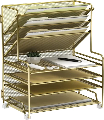 Miniatura 11 de MINDEPOT Organizador de papel de 4 niveles + soporte para archivos de 3 bolsillos + cajón + soportes para bolígrafos, organizador de archivos