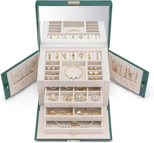 Miniatura 6 de Vlando Joyero organizador con llave con llave, bandeja de 3 cajones para joyas, collares, aretes, anillos, soporte, exhibición de almacenamiento
