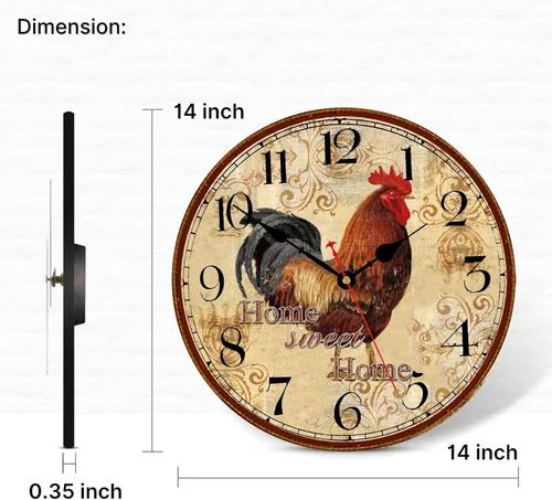 Miniatura 4 de TAHEAT Reloj de pared de gallo rústico de 14 pulgadas, reloj retro silencioso sin tic-tac, fácil de leer, funciona con pilas, relojes de pared