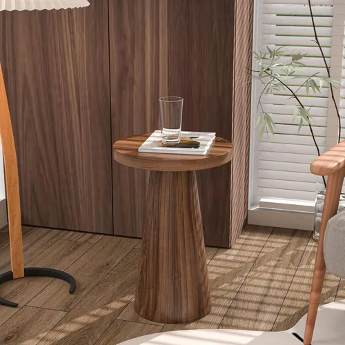 Miniatura 5 de Pequeña mesa auxiliar redonda con pedestal, mesa auxiliar de madera para sala de estar, mesa de bebidas acanalada para espacios pequeños, mesa Nogal