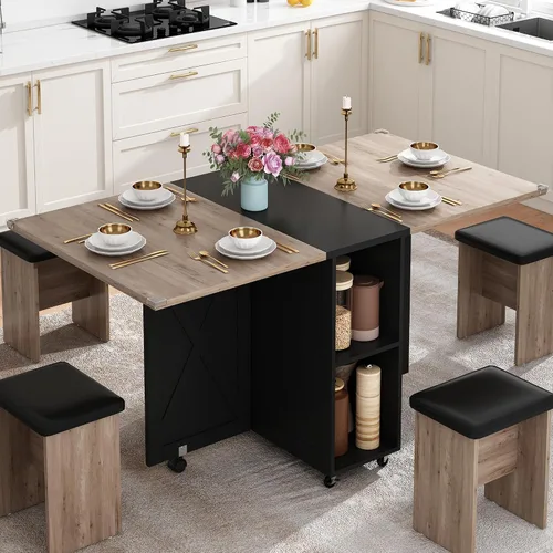 Miniatura 10 de Juego de mesa de comedor de granja de 5 piezas para 4, mesa plegable grande de 117 cm con 4 sillas de cuero, mesa de cocina plegable con ala