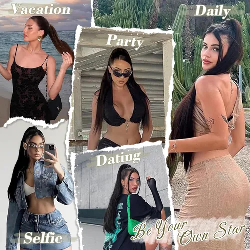 Miniatura 4 de BARSDAR Extensión de cola de caballo de 28 pulgadas largo recto envoltura alrededor del clip en pelo de fibra sintética para mujeres, negro