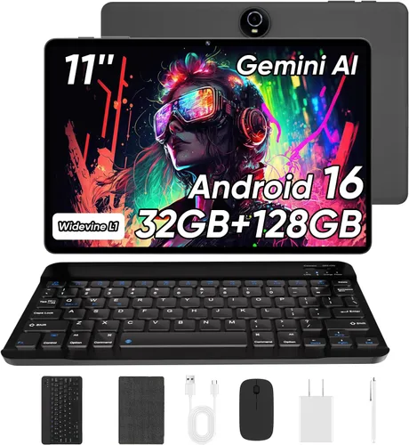 Tablet de 11 pulgadas con teclado, tabletas Android 16, 32 GB+128 GB, expansión de 1 TB, batería de 8000 mAh, cámara de 5 MP+8 MP, WiFi 6 de doble