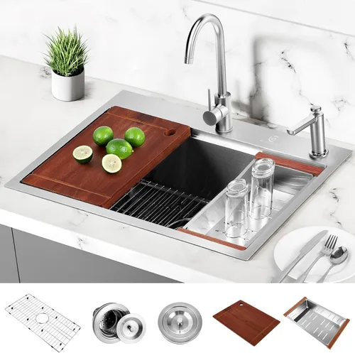 Miniatura 7 de Fregadero de cocina de acero inoxidable de 30 pulgadas, calibre 16, estación de trabajo de cuenco único, empotrado, montaje superior de 2 agujeros