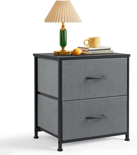 Miniatura 12 de Mesita de noche, pequeña cómoda de 2 cajones mesa auxiliar muebles de cabecera, contenedores de tela con superficie de madera para dormitorio, Blanco