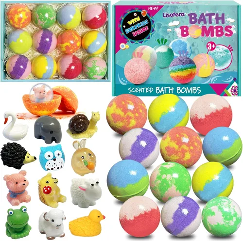 Bombas de baño para niños con sorpresas adentro, set de 12 bombas de baño con juguetes, bolas efervescentes de baño de burbujas naturales y