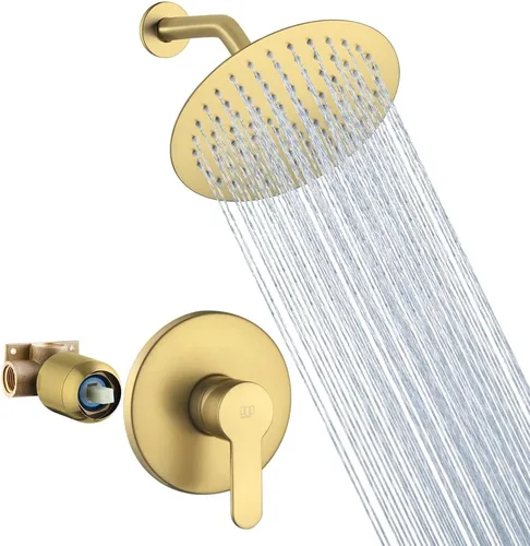 Miniatura 12 de Juego de grifo de ducha dorado cepillado de 10 pulgadas, cabezal de ducha de lluvia redondo y mango, sistema de ducha de lluvia para baño, accesorio