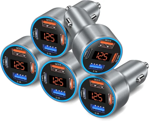 Cargador de coche 5 unidades, 65 W 12 V USB Multi Port QC/PD 3.0 carga rápida adaptador de encendedor de cigarrillos dual USB-C y USB-A cargador Gris