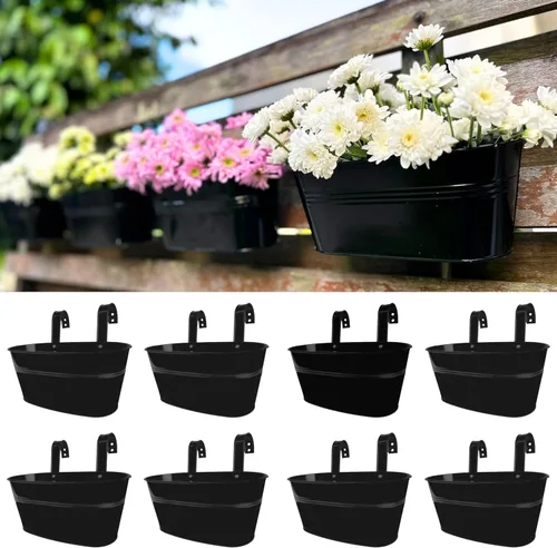 LaLaGreen Maceta de Riel para Plantas de Exterior (11.2 Pulgadas, Paquete de 8) Macetas Colgantes de Hierro Metal Negro Barandillas de Terraza Cubos
