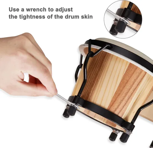 Miniatura 4 de Juego de Bongós MUSICUBE 4” y 5” para adultos, niños, principiantes y profesionales, tambor de madera y metal con llave de afinación Madera y metal