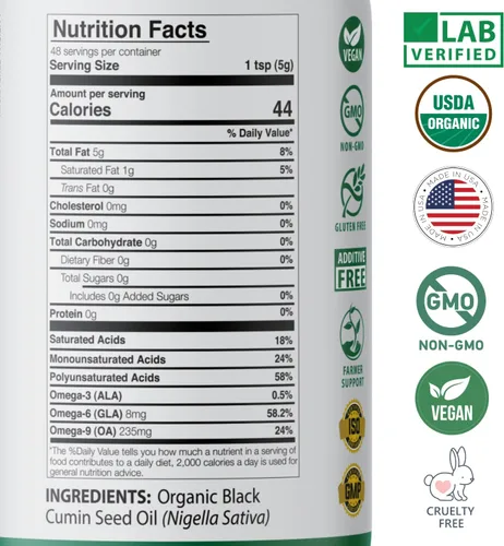 Miniatura 5 de Aceite de semilla negra USDA orgánico de Mother Nature, alto contenido de TQ 2%, prensado en frío, Nigella Sativa sin refinar, Omega 3 6 9