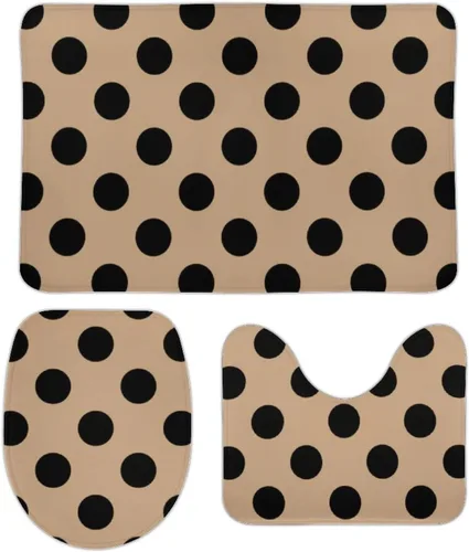 Juego de 3 alfombras de baño con diseño de lunares negros sobre beige, tapete antideslizante en forma de U y tapa de inodoro