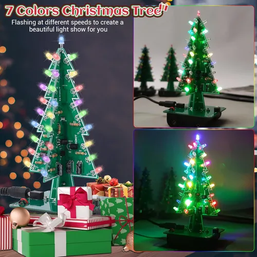 Miniatura 4 de Icstation - Kit para montar árbol de Navidad, 3D, con luces LED de 7 colores intermitentes para práctica de soldadura eléctrica.