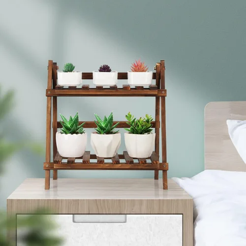 Miniatura 4 de Jotsport Soporte de mesa de 2 niveles para plantas, estilo escalón, organizador de almacenamiento de escritorio, estante de exhibición de madera