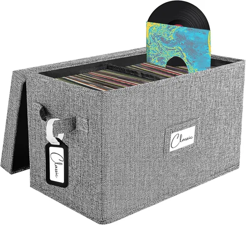 Miniatura 8 de Woodoulogy Caja de almacenamiento de discos de vinilo para LPs de 7 pulgadas/45 RPM, caja negra con tapa con capacidad para hasta 80 álbumes