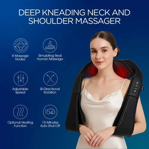 Miniatura 2 de Shiatsu Masajeador de cuello y espalda, masaje eléctrico de tejido profundo 4D para hombros, espalda baja, piernas y cuerpo, alivio del dolor Negro