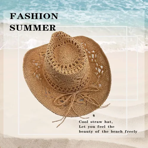 Miniatura 3 de Sombreros de vaquero de paja para mujer, sombrero de vaquera occidental brillante para vacaciones, sombrero de playa plegable con ala ancha