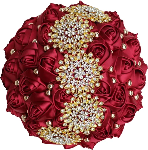Miniatura 19 de XINNI Ramo de boda nupcial hecho a mano novia dama de honor satén rosa ramo de flores con diamantes de imitación perla encaje decoración de boda