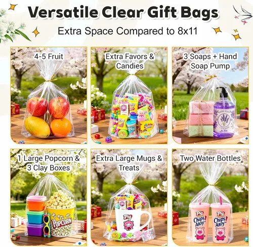 Miniatura 3 de PigPotParty Bolsas de celofán de 10 x 14 pulgadas, paquete de 50 bolsas de regalo de plástico transparente con fuelle inferior para exhibición