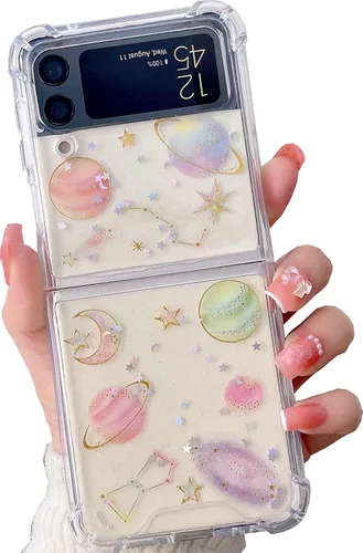 Funda protectora para Galaxy Z Flip 4, suave y transparente de goma flexible, planeta y estrellas espaciales, brillantes, para niñas y mujeres, a