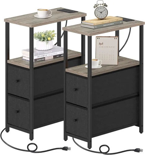 Miniatura 23 de TUTOTAK Mesa auxiliar pequeña y estrecha con LED y estación de carga, mesa lateral con tomas de corriente, mesita de noche con 2 cajones de tela
