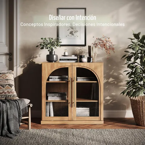 Miniatura 3 de BELLEZE Aparador Modular con Puerta de Vidrio Arqueada, Gabinete Buffet de Exhibición con Almacenamiento y Estantes Ajustables, Credenza Moderna