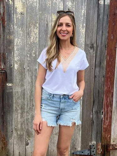 Miniatura 2 de Camisetas de verano de manga casquillo para mujer, camisetas sin mangas de moda con cuello en V y encaje