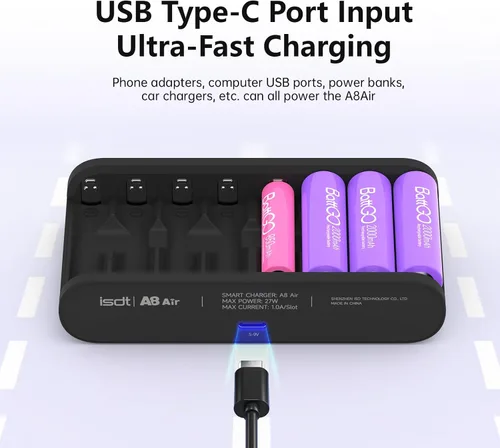Miniatura 6 de ISDT Cargador de batería A8 Air para el hogar, 8 bahías AA AAA cargador de batería inteligente Max 27W, carga rápida para Nimh NiCd LiHv Life 1.2V