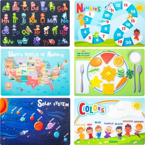 Hapinest Paquete de 6 manteles individuales educativos antideslizantes reutilizables para niños y niños pequeños, tapete de aprendizaje con números