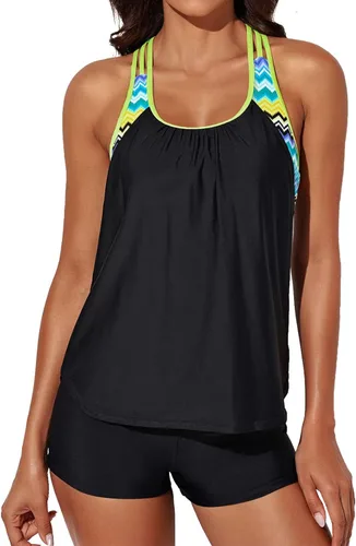 Traje de baño Aleumdr, tankini para mujer, parte superior push-up tipo blusa de tirantes delgados con estampado a rayas, espalda en T y short
