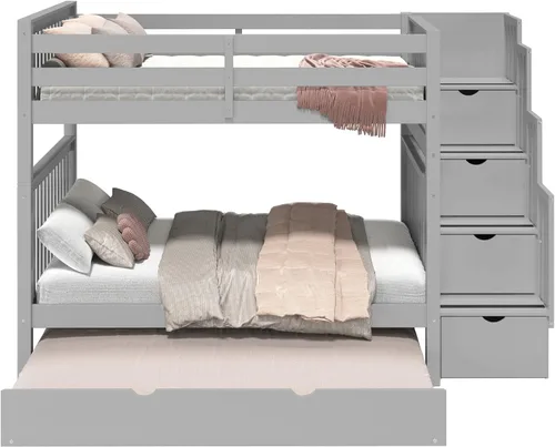 Miniatura 9 de Bedz King Literas de escalera de tamaño matrimonial sobre matrimonial con 4 cajones en los escalones y un nido completo, color gris Cerezo oscuro