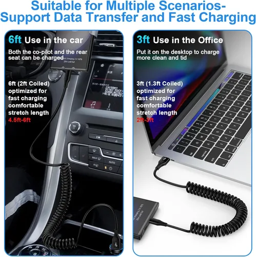 Miniatura 3 de Cable USB C a USB, Android Auto de 3 pies + 5 pies en espiral para automóvil, cable retráctil de carga rápida tipo C para Samsung Galaxy S26 Ultra