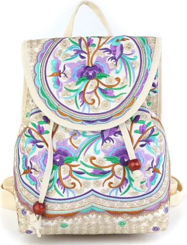 Goodhan Vintage bordado mujeres mochila étnica viaje bolso hombro beige, Púrpura, Mochilas Daypack