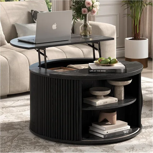 Miniatura 19 de Mesa de centro elevable con almacenamiento, mesa de centro moderna de mediados de siglo con patas de madera maciza, mesa central minimalista Roble