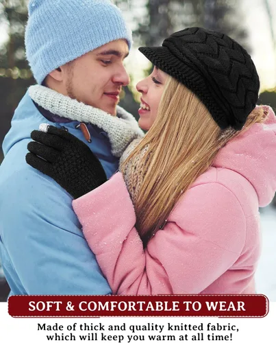 Miniatura 11 de SATINIOR Juego de 4 gorros y guantes de invierno para mujer, gorro de punto cálido, gorro de esquí de nieve con visera y guante para pantalla rojo