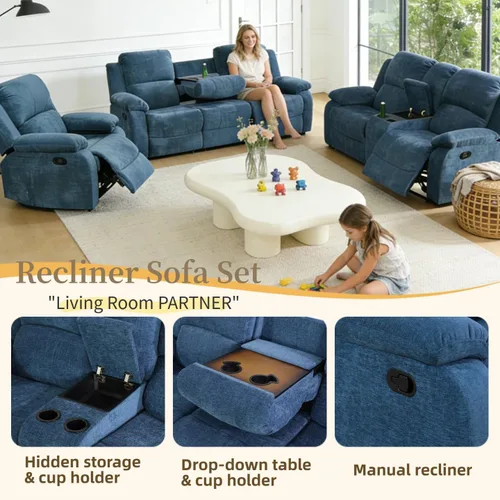 Miniatura 3 de Juego de sofá reclinable manual, juego de sofá reclinable de microfibra, juego de muebles modernos para sala de estar, sofá reclinable para sala