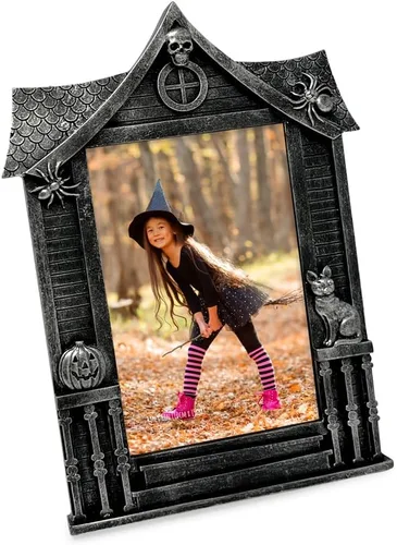 Miniatura 6 de Isaac Jacobs Marco de fotos de Halloween con forma de casa encantada de 4 x 6, para mesa de fotos y montaje en pared, decoración del hogar de Negro