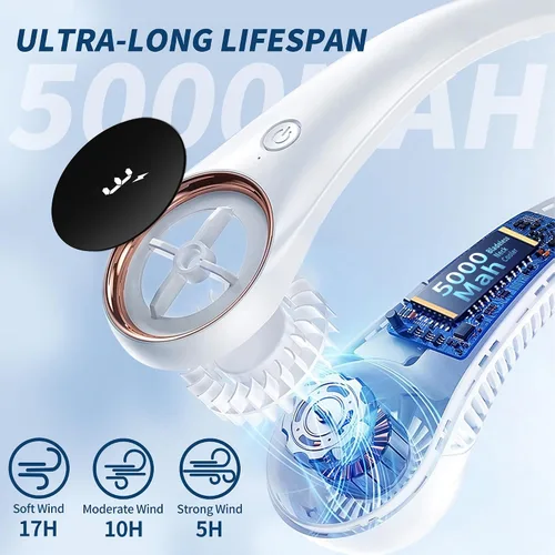 Miniatura 2 de Ventiladores de cuello portátiles de enfriamiento personal, 5000 mAh USB recargable, rotación libre de 360 grados y diseño de batería sin aspas