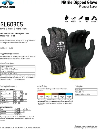 Miniatura 2 de Pyramex GL603C5 Series 13 Gauge PMXTECK HPPE Micro Foam Nitrile Safety Gloves ANSI Cut 4 Size 2X Large