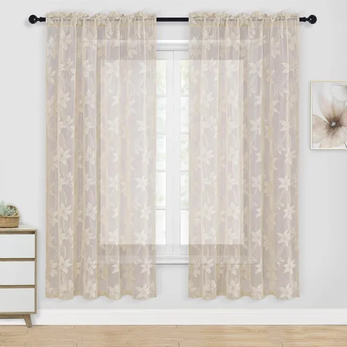 Miniatura 28 de DWCN Paquete de 2 cenefas de encaje floral para cocina, 52 x 18 pulgadas, con bolsillo para barra, cortina de gasa para ventana pequeña, cocina