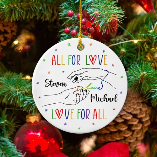 Miniatura 5 de All for Love - Adorno de cerámica LGBT arcoíris para Navidad 2025, adorno de Navidad personalizado para parejas, orgullo gay/lesbiano, adorno