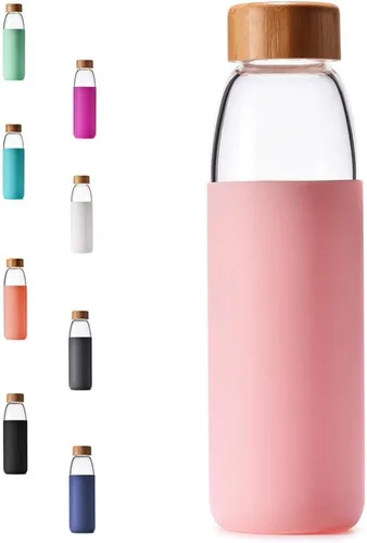 Miniatura 16 de Botellas de agua de vidrio de borosilicato de 25 onzas con tapa de bambú, sin BPA, funda de silicona antideslizante y tapa a prueba de fugas de Azul