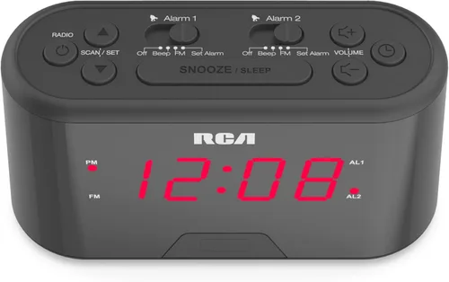 Miniatura 4 de RCA Reloj despertador portátil con sensor automático de luz nocturna, brillo ajustable, pantalla de temperatura interior, calendario completo