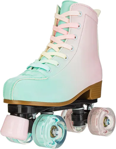 Miniatura 4 de YYW Patines de ruedas para niñas y mujeres, fantásticos patines de PU con gradiente rosa y verde iluminados para niños y jóvenes, para interiores