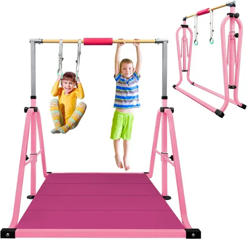 Miniatura 9 de GLANT Barra de gimnasia para niños con juego de anillos, 7 alturas ajustables, fácil de plegar, barra de entrenamiento de gimnasia para niños