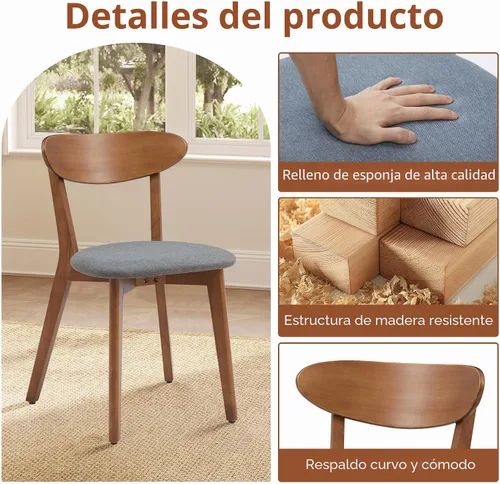 Miniatura 3 de weselon Juego de 4 sillas de comedor, silla de comedor de madera maciza sin reposabrazos, silla de comedor estilo de mediados de siglo con cojín